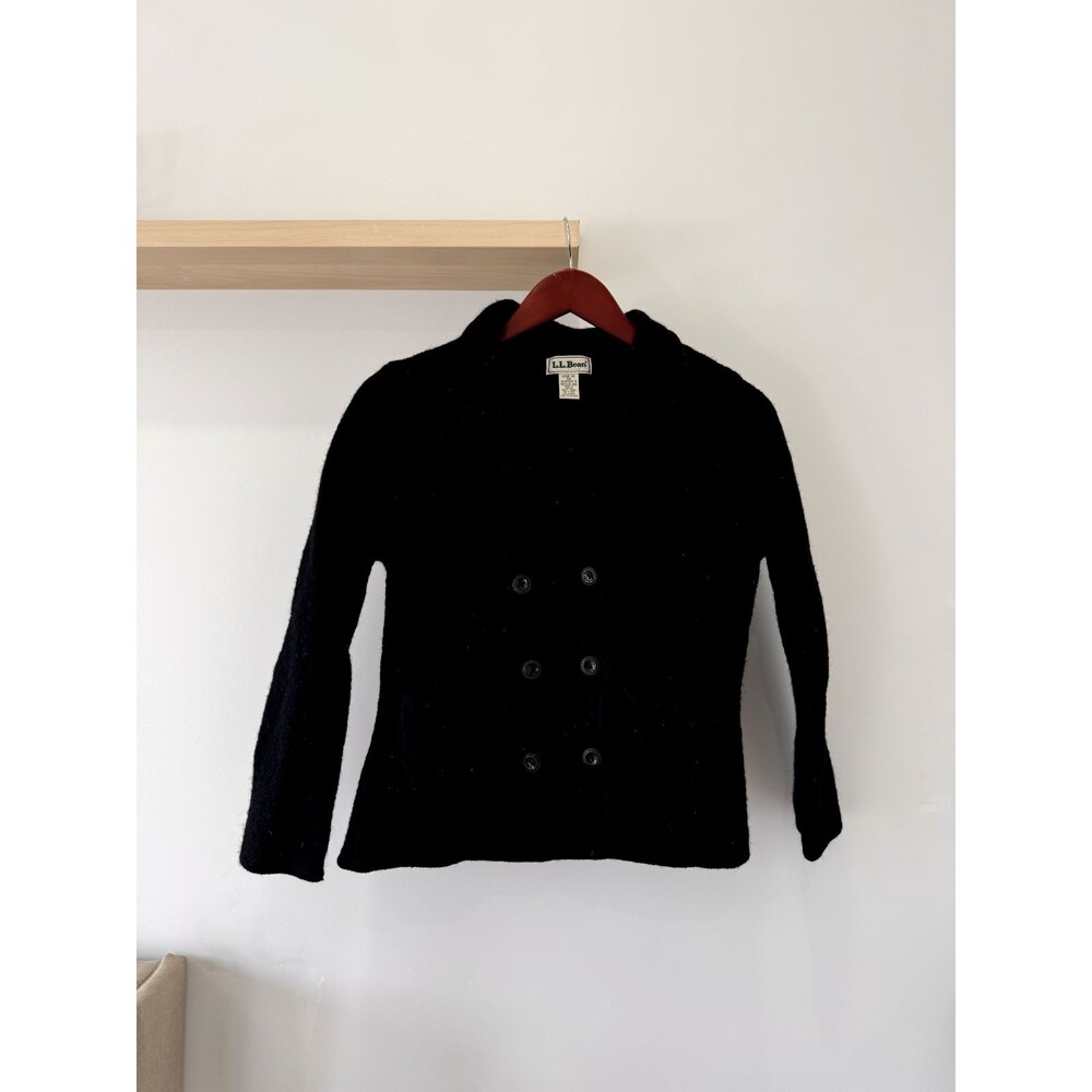 L.L. Bean Pea Coat Womens Small Black Double Breasted 100% Wool Jacket Vintage